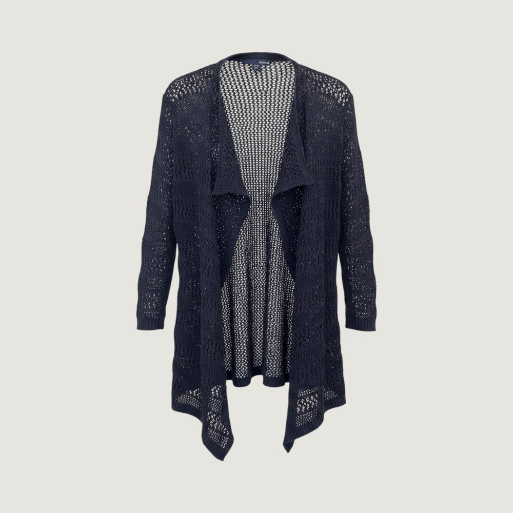 Basic Editions Crochet Cardigan Women Large Navy‎ Blue Open Front Knit Beachy